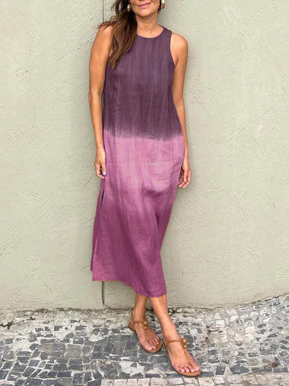 Elettra - Airy cotton linen dress with color gradient and slit in the legs