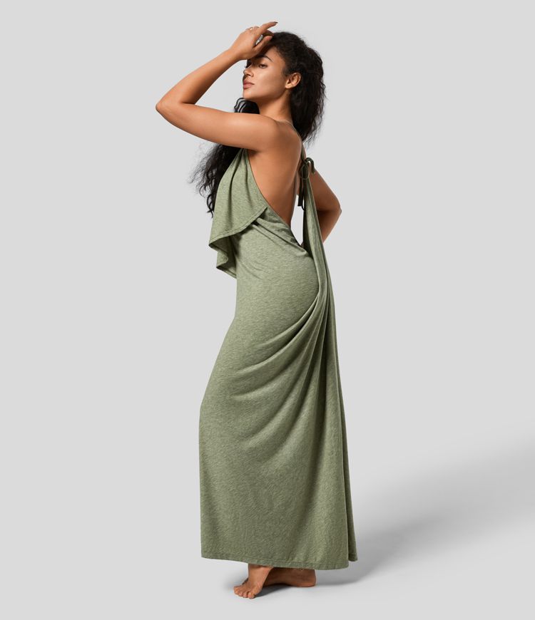 Vittoria | V Hals Rugloze Band Terug Ruched Maxi Resort Slip Dress