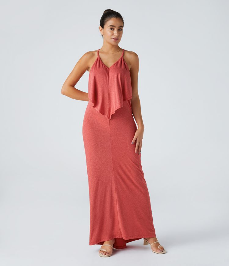 Vittoria | V Hals Rugloze Band Terug Ruched Maxi Resort Slip Dress