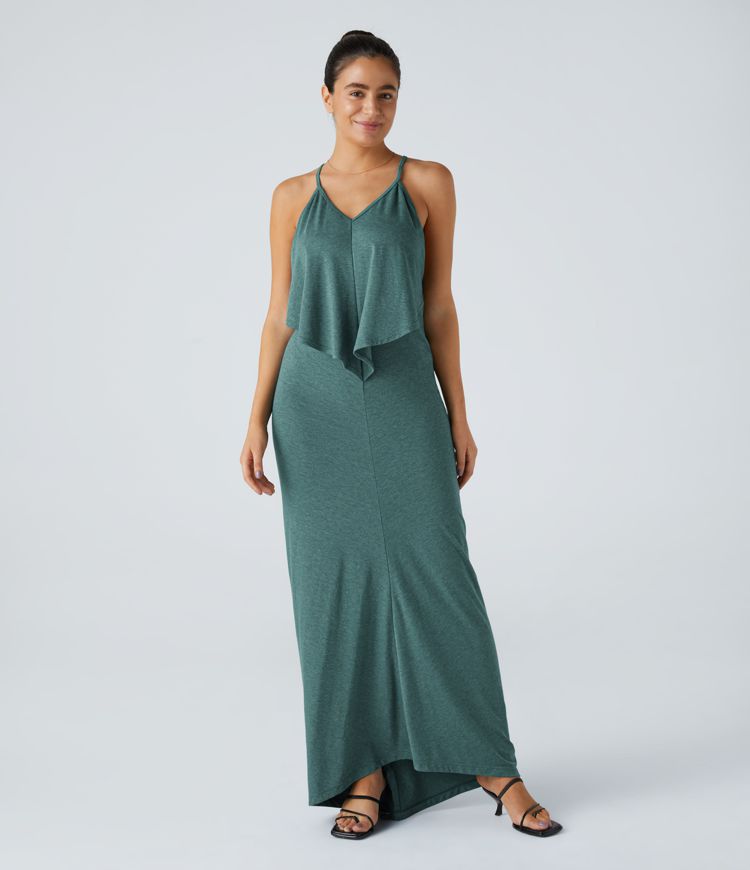 Vittoria | V Hals Rugloze Band Terug Ruched Maxi Resort Slip Dress