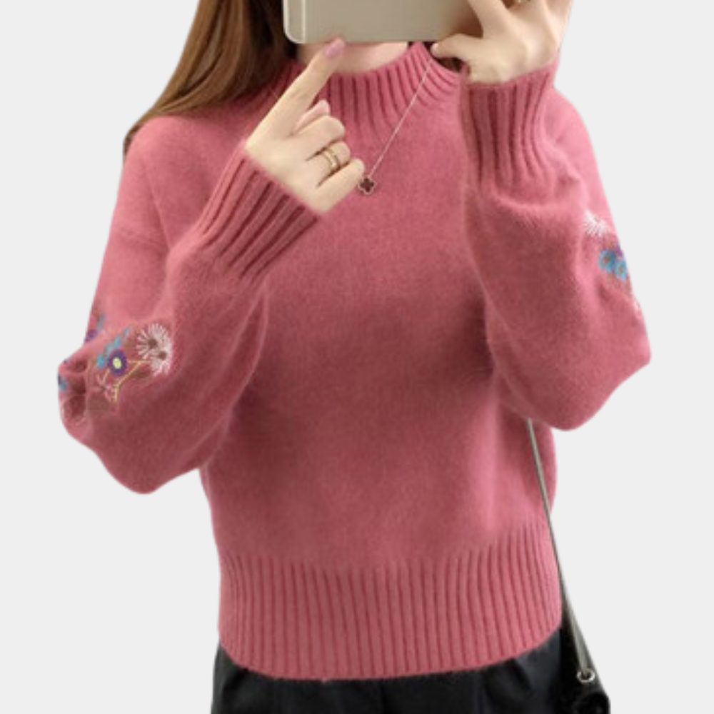 Thick women's sweater with floral embroidery