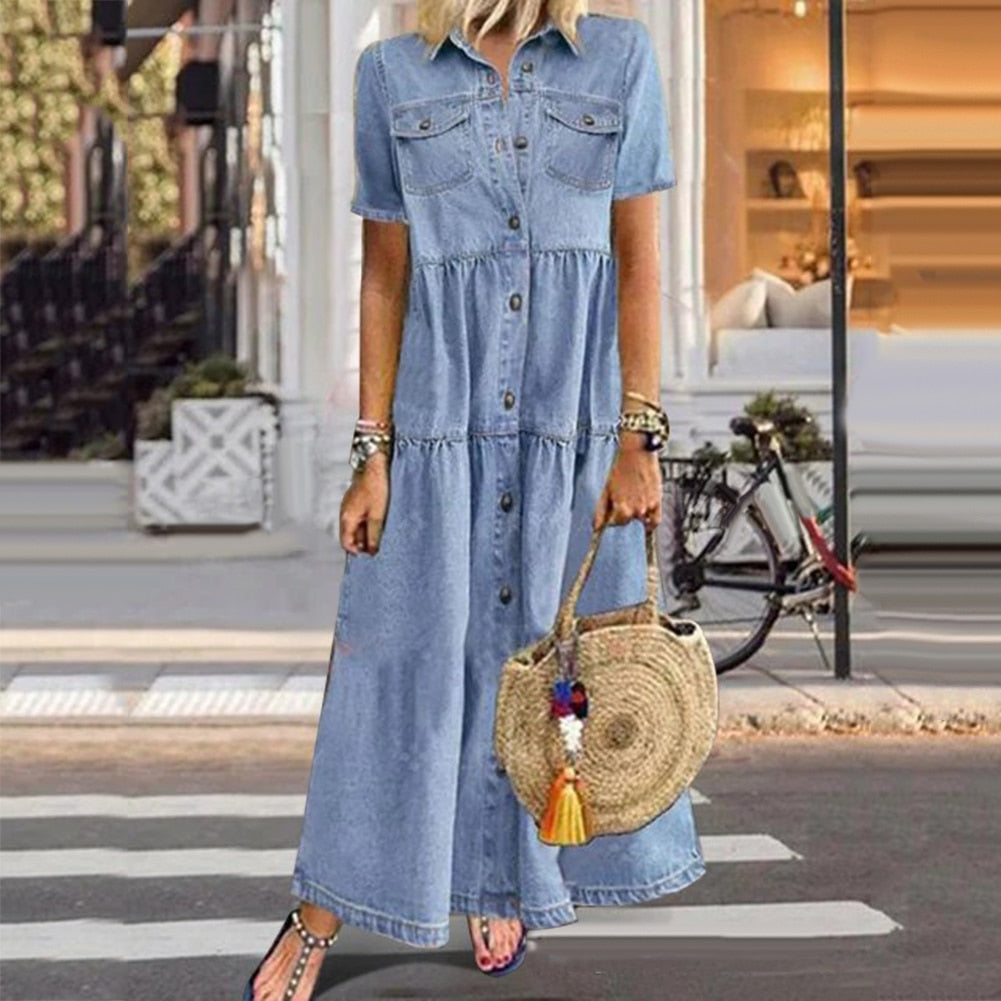 Rhea™ moeiteloos chique maxi denim jurk