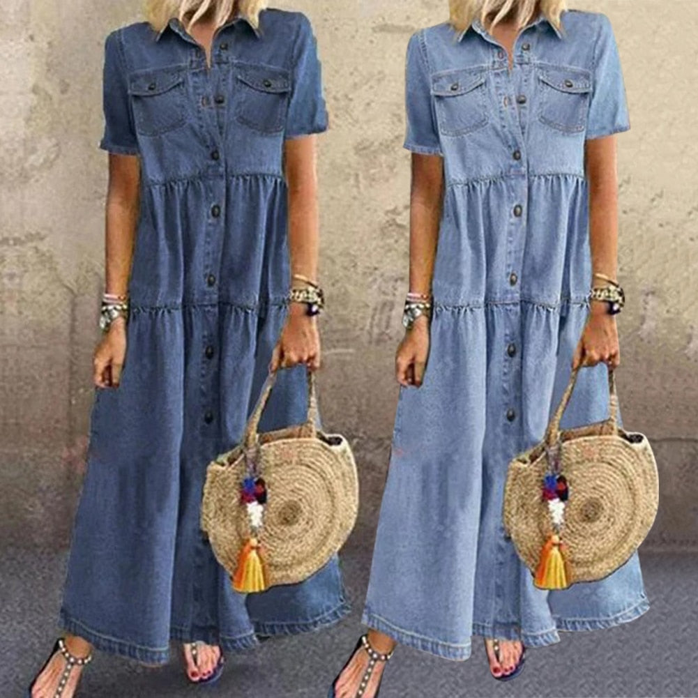 Rhea™ moeiteloos chique maxi denim jurk