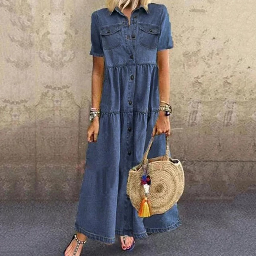 Rhea™ moeiteloos chique maxi denim jurk