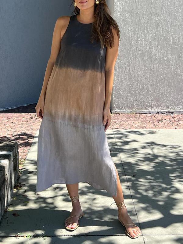 Elettra - Airy cotton linen dress with color gradient and slit in the legs