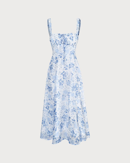 Vada - Blue Square Neck Floral Midi Dress